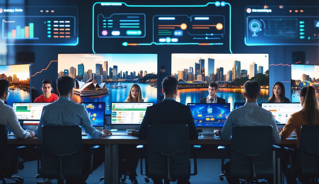 Sekelompok orang muda menggunakan komputer di kantor modern dengan latar belakang pemandangan kota Sydney dan elemen teknologi digital.