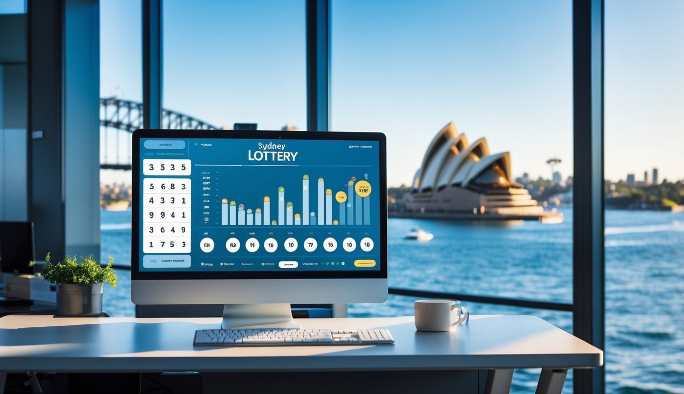 Suasana kantor lotere modern dengan pemandangan cakrawala Sydney di latar belakang.