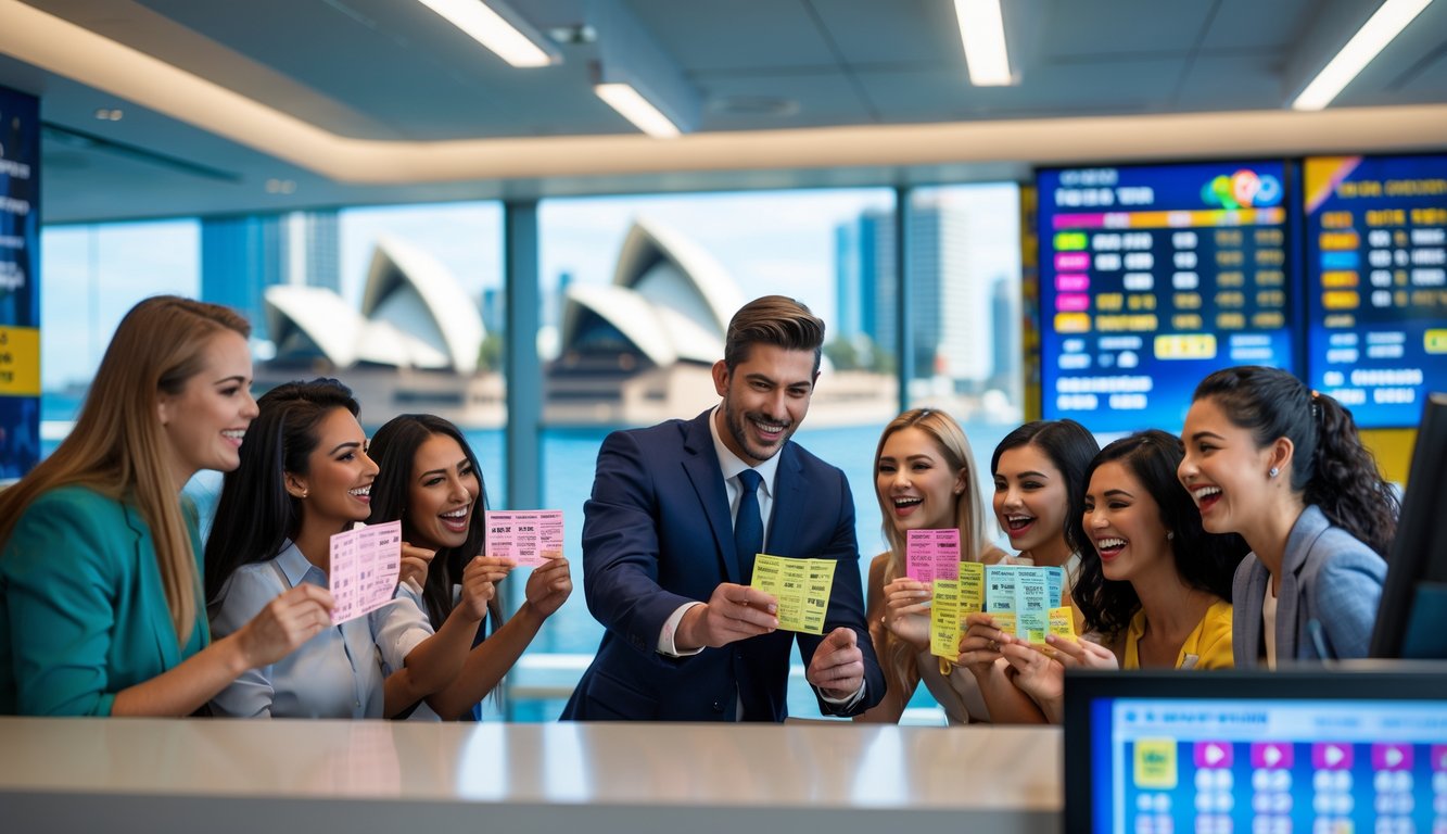 Suasana kantor agen togel di Sydney dengan pelanggan yang antusias memeriksa tiket lotere dan agen yang ramah membantu mereka.