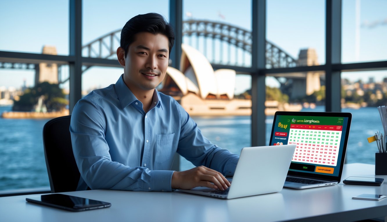 Seorang pria muda duduk di meja kerja dengan perangkat digital, latar belakang pemandangan kota Sydney dengan gedung Opera House dan jembatan.