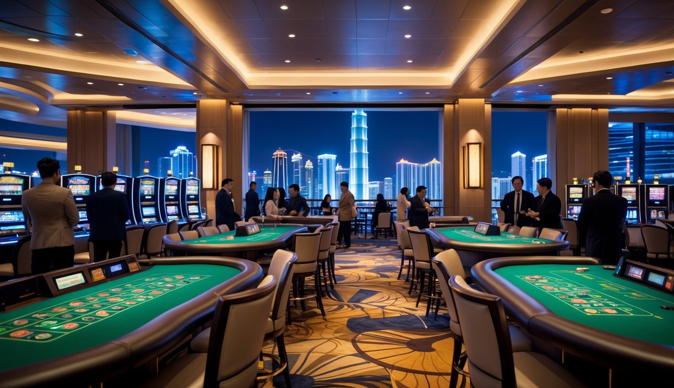 Interior kasino mewah di Macau dengan meja permainan, mesin slot, dan pemandangan malam kota Macau di latar belakang.