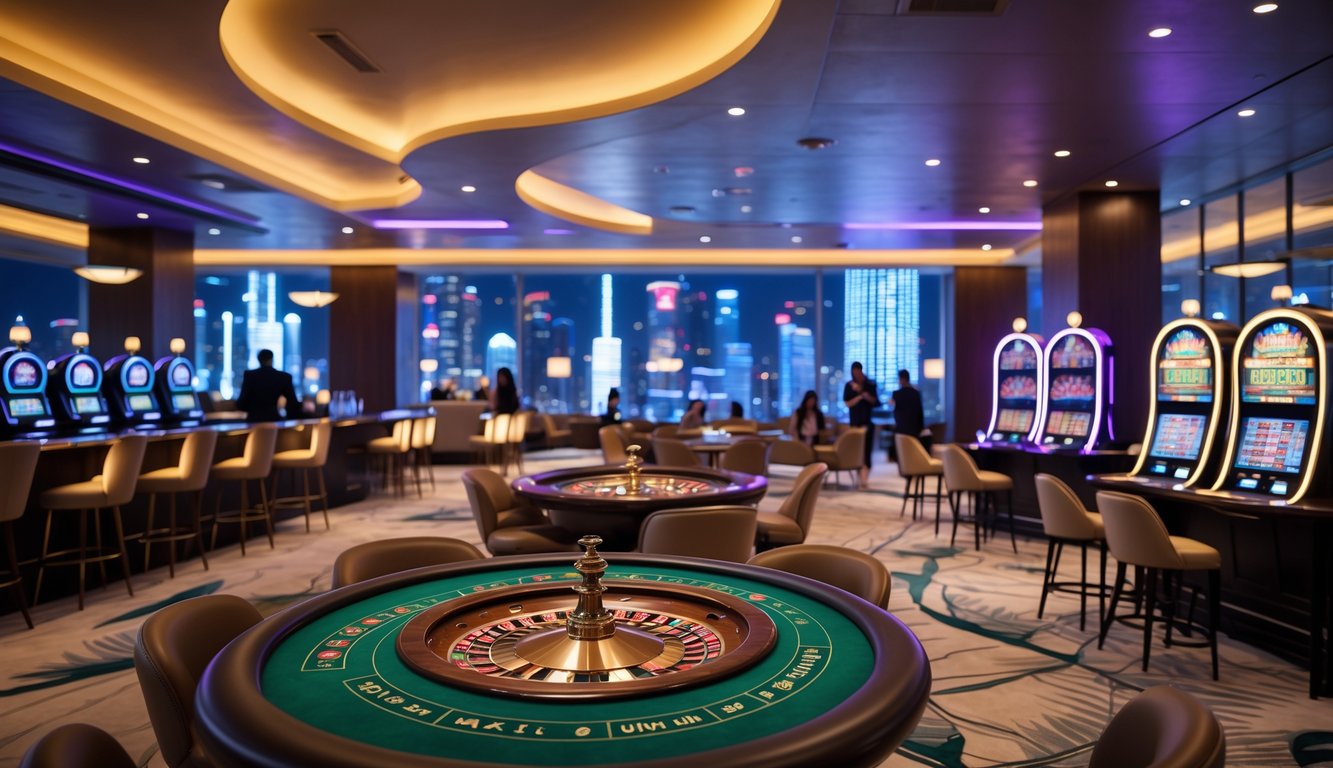 Interior kasino mewah dengan meja permainan, mesin slot, dan pemandangan kota malam yang terang.