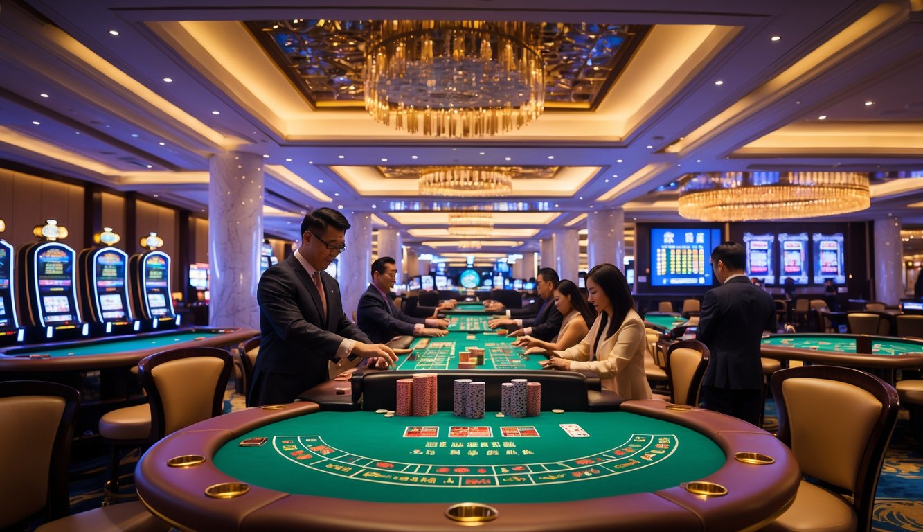 Interior kasino mewah di Macau dengan meja permainan dan pemain yang sedang bermain.