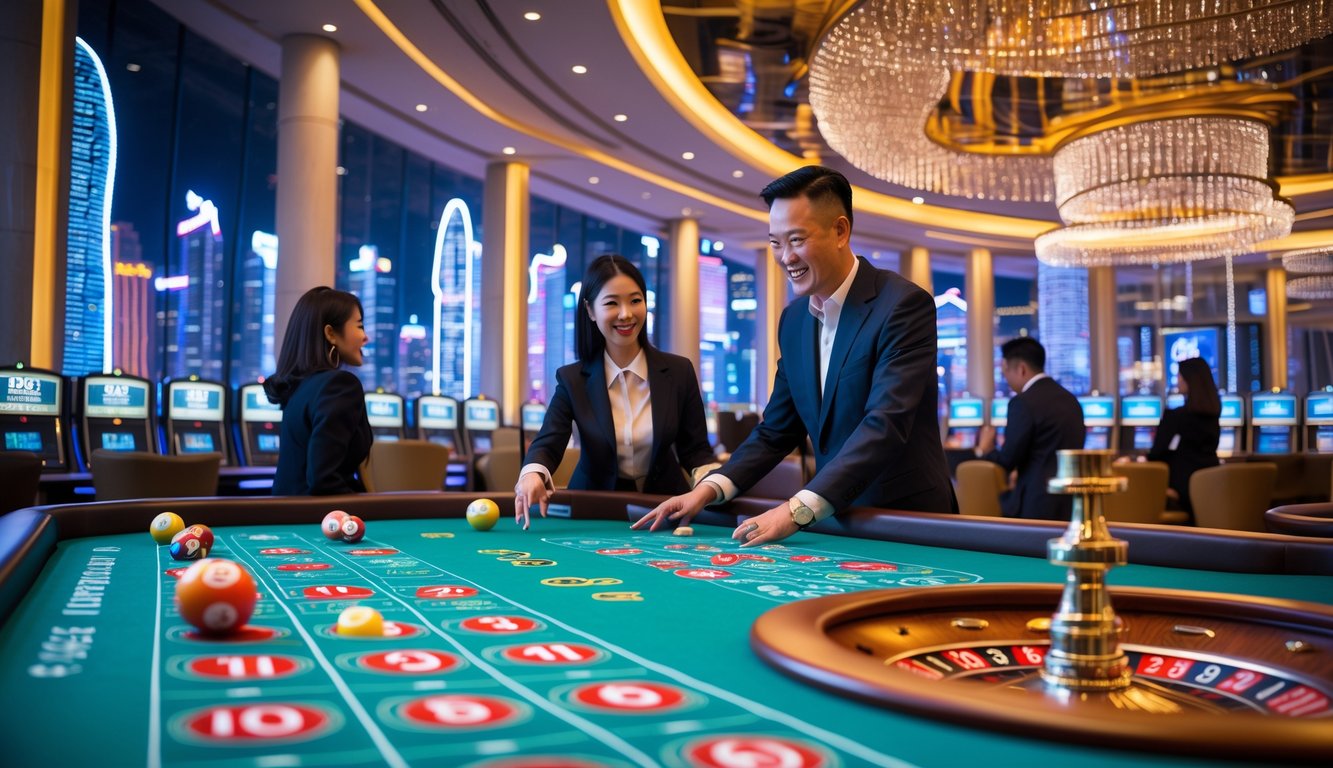 Suasana kasino modern di Macau dengan meja roulette, bola lotere, dan orang-orang yang antusias bermain di malam hari.