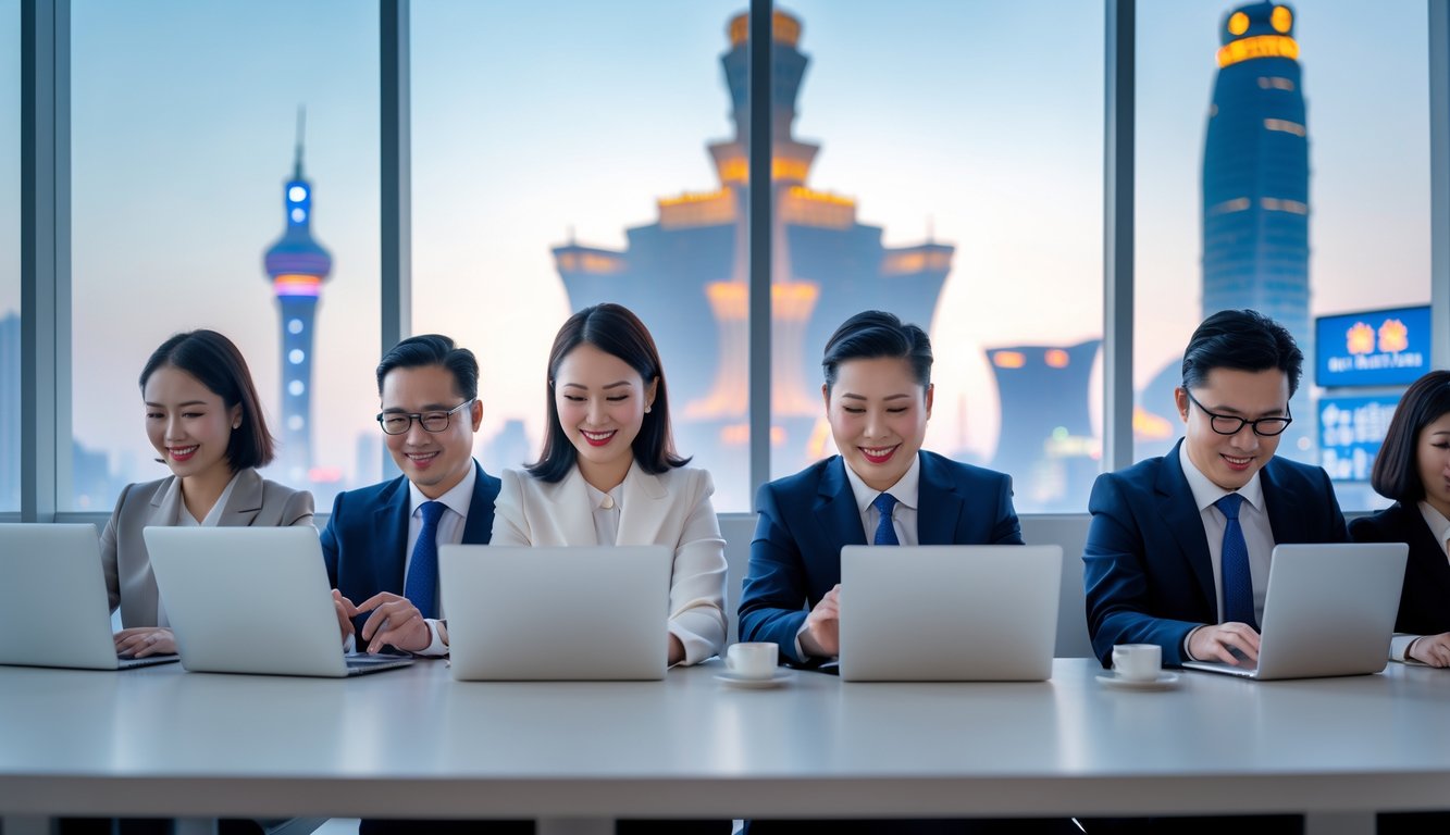 Sekelompok orang profesional menggunakan laptop dan ponsel di kantor modern dengan latar belakang pemandangan kota Macau.