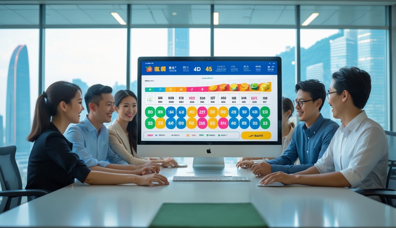 Orang-orang di kantor modern menggunakan komputer dengan tampilan platform lotere online 4D dan latar belakang kota Macau.