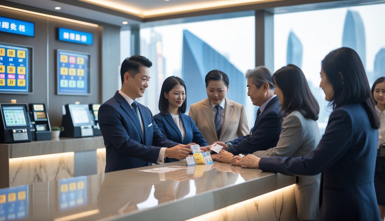 Suasana kantor togel resmi di Macau dengan petugas melayani pelanggan di dalam ruangan modern.