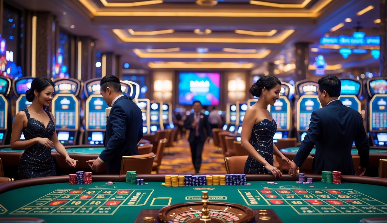 Orang-orang berpakaian rapi bermain permainan kasino di dalam kasino mewah di Macau dengan lampu warna-warni dan suasana yang ramai.