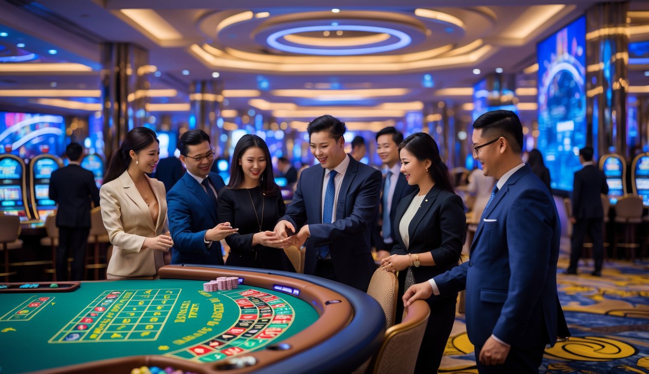 Suasana kasino mewah di Macau dengan orang-orang bermain permainan meja dan mesin slot di dalam ruangan yang terang dan modern.