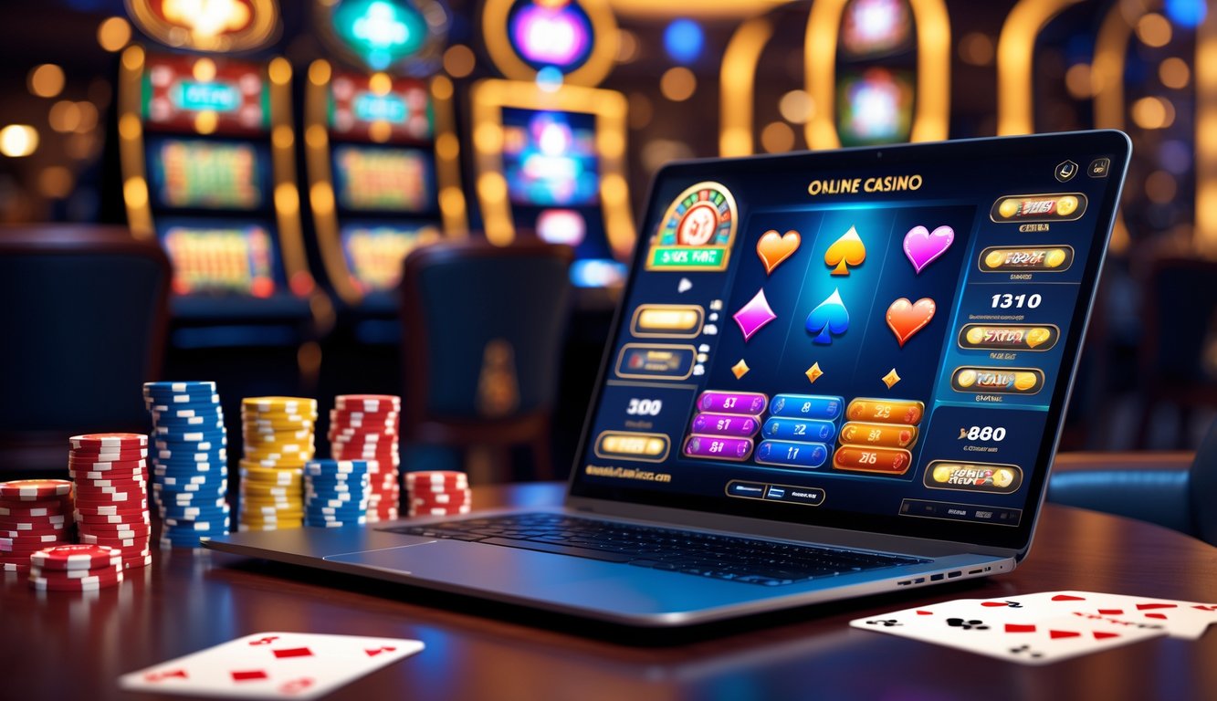 Sebuah laptop modern di atas meja kayu dengan tampilan permainan kasino online, dikelilingi oleh chip poker, dadu, dan kartu remi.