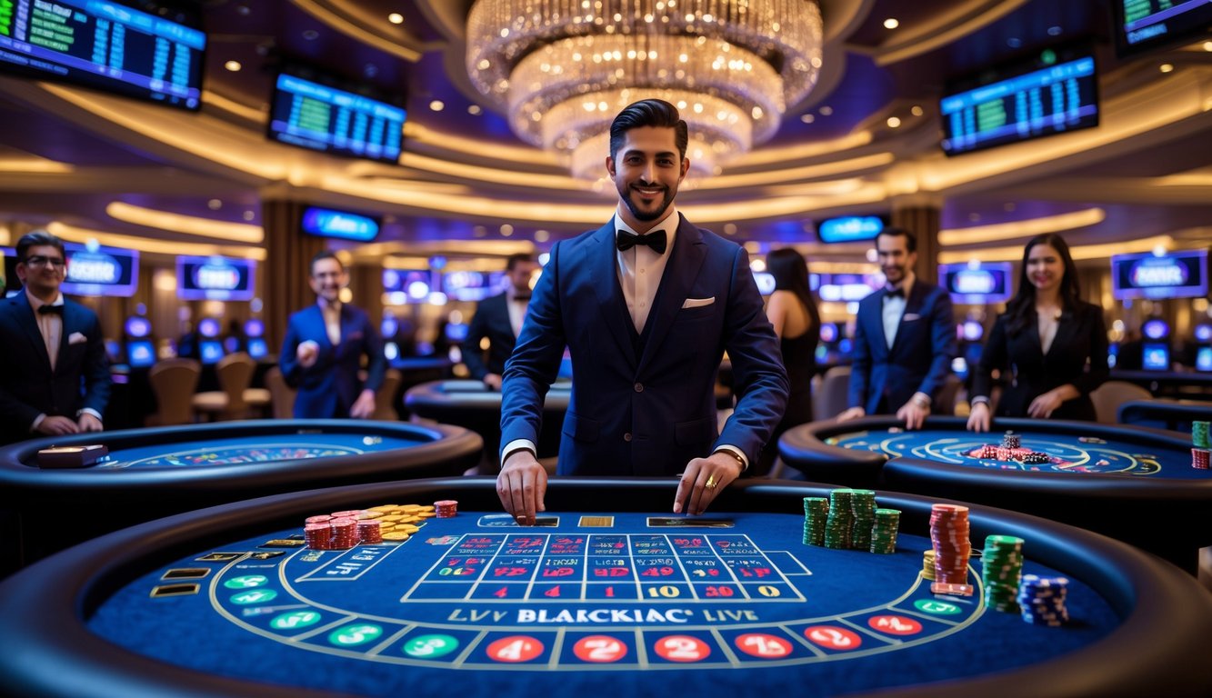 Suasana kasino langsung yang mewah dengan meja permainan, dealer profesional, dan pemain yang sedang bermain.