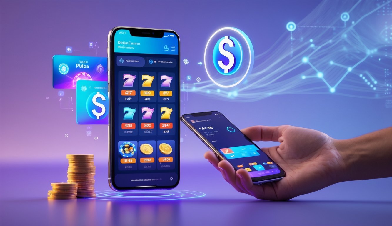 Seseorang memegang ponsel yang menampilkan antarmuka kasino online dengan simbol mesin slot dan ikon dompet digital di latar belakang.