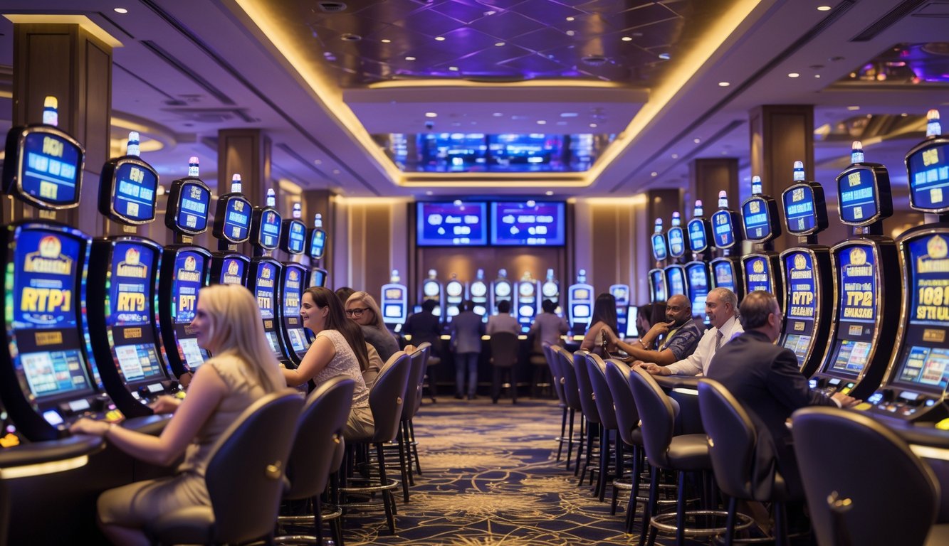 Interior kasino modern dengan mesin slot dan pemain yang sedang bermain di suasana yang ramai dan mewah.