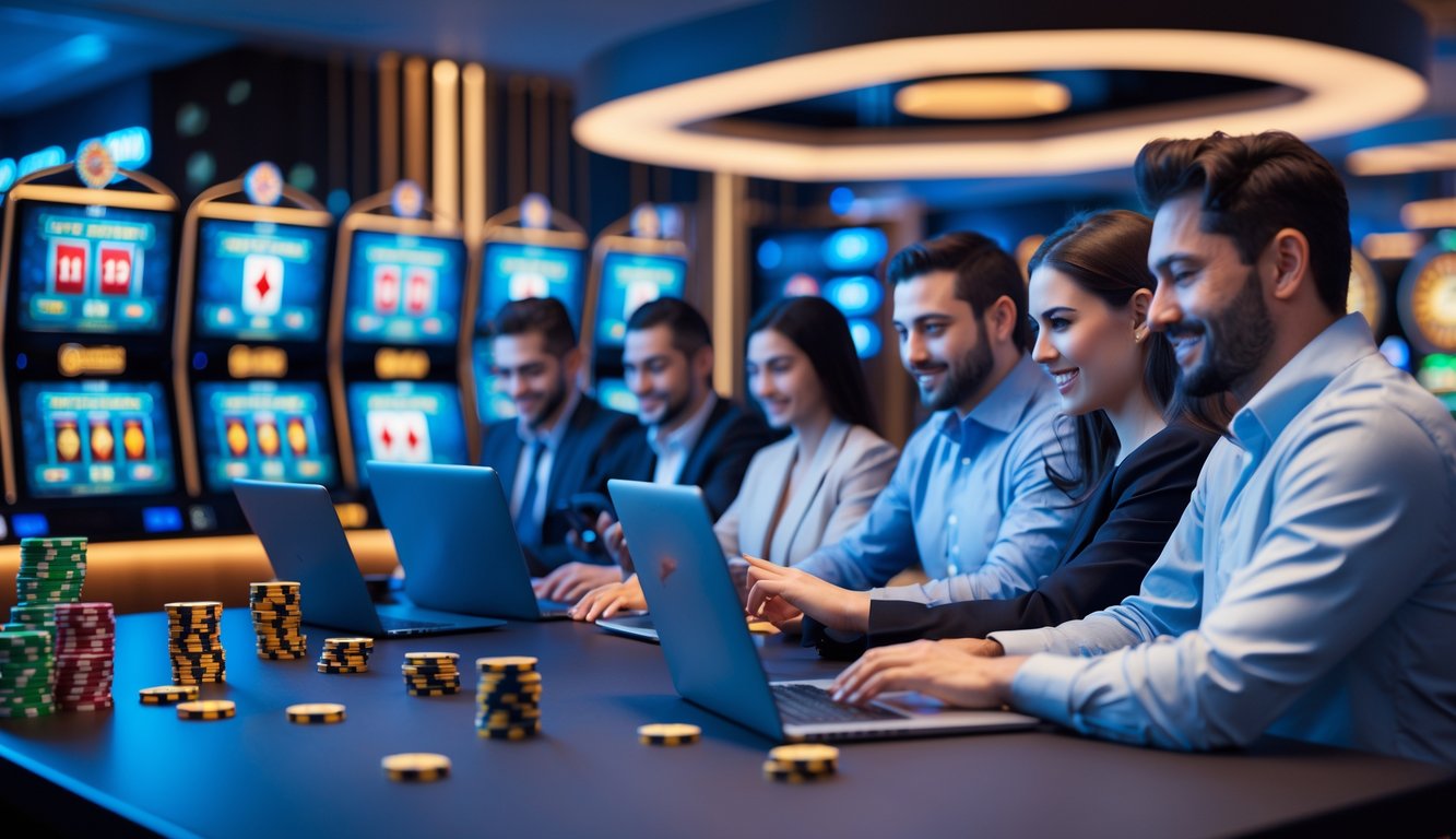 Orang-orang menggunakan perangkat digital untuk bermain permainan kasino online di ruangan modern yang terang.