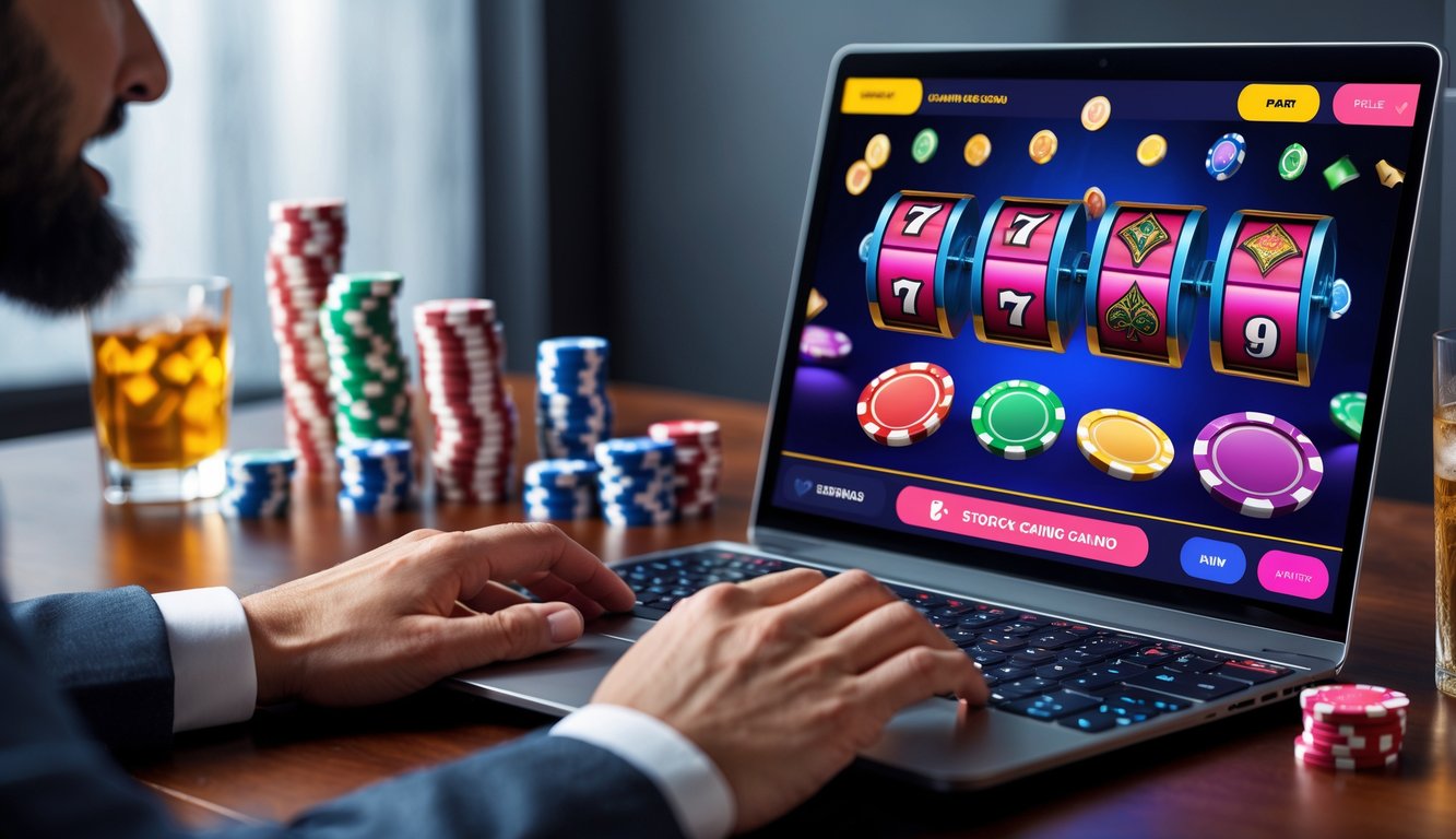 Seseorang menggunakan komputer dengan tampilan permainan kasino online yang menampilkan slot, kartu poker, dan chip di atas meja kayu.