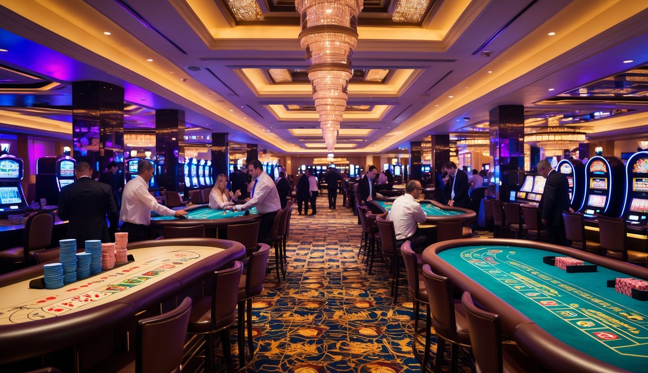 Suasana dalam kasino mewah dengan pemain yang sedang bermain di meja judi dan mesin slot di latar belakang.