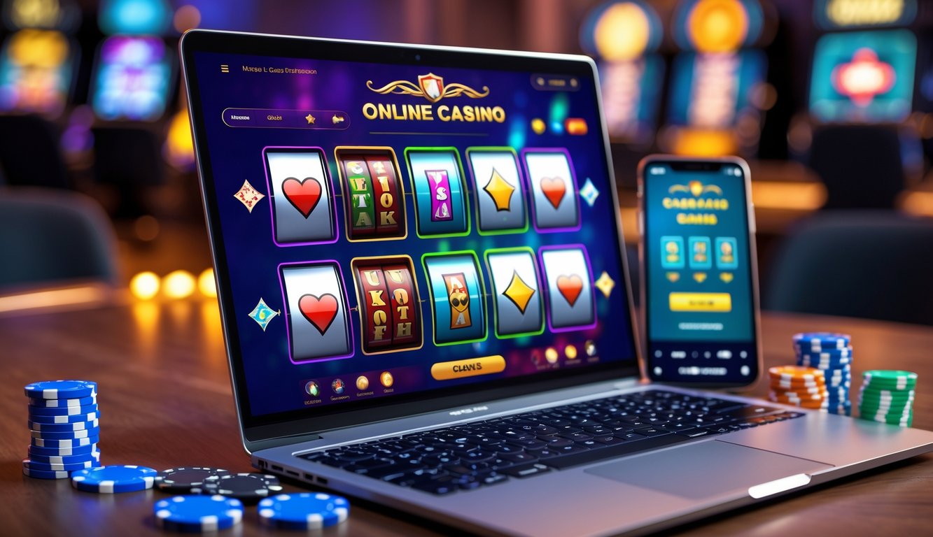 Sebuah laptop modern yang menampilkan antarmuka kasino online dengan chip poker, dadu, dan ponsel di sekitarnya.