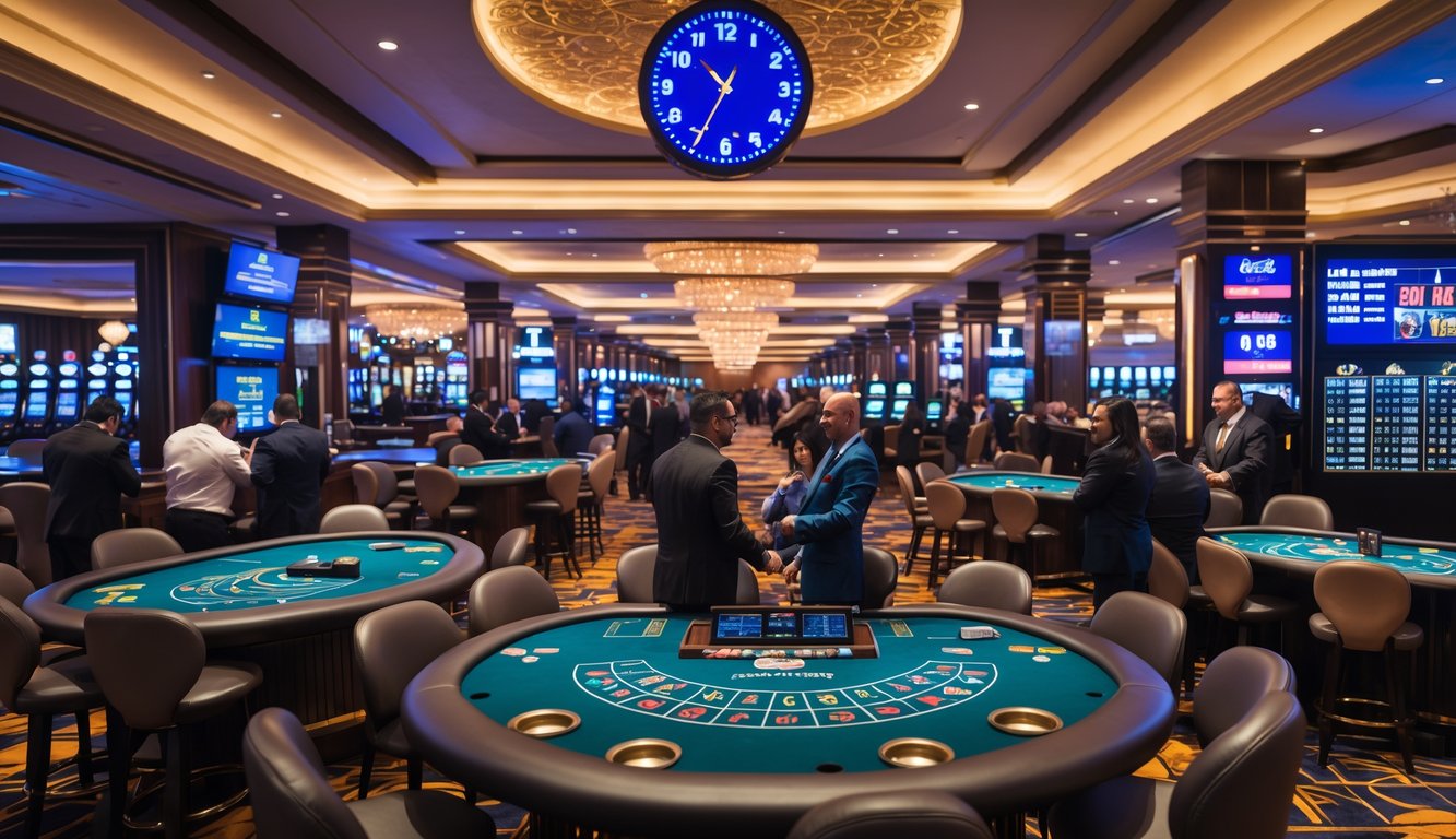 Suasana kasino langsung dengan meja permainan dan pemain yang sibuk, menunjukkan aktivitas 24 jam.