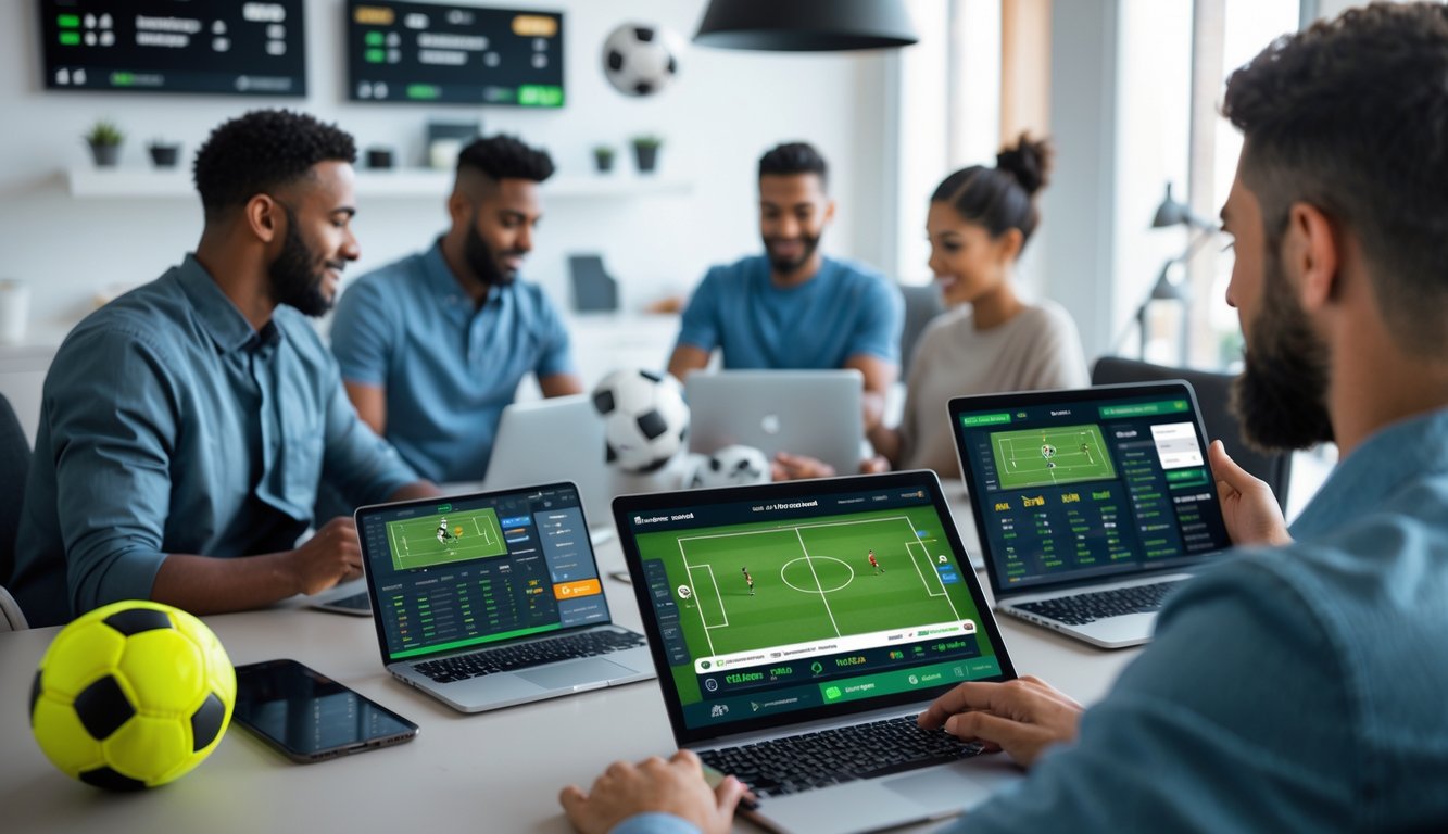 Orang-orang menggunakan perangkat digital untuk memasang taruhan pada pertandingan sepak bola dalam suasana kantor atau rumah yang modern.