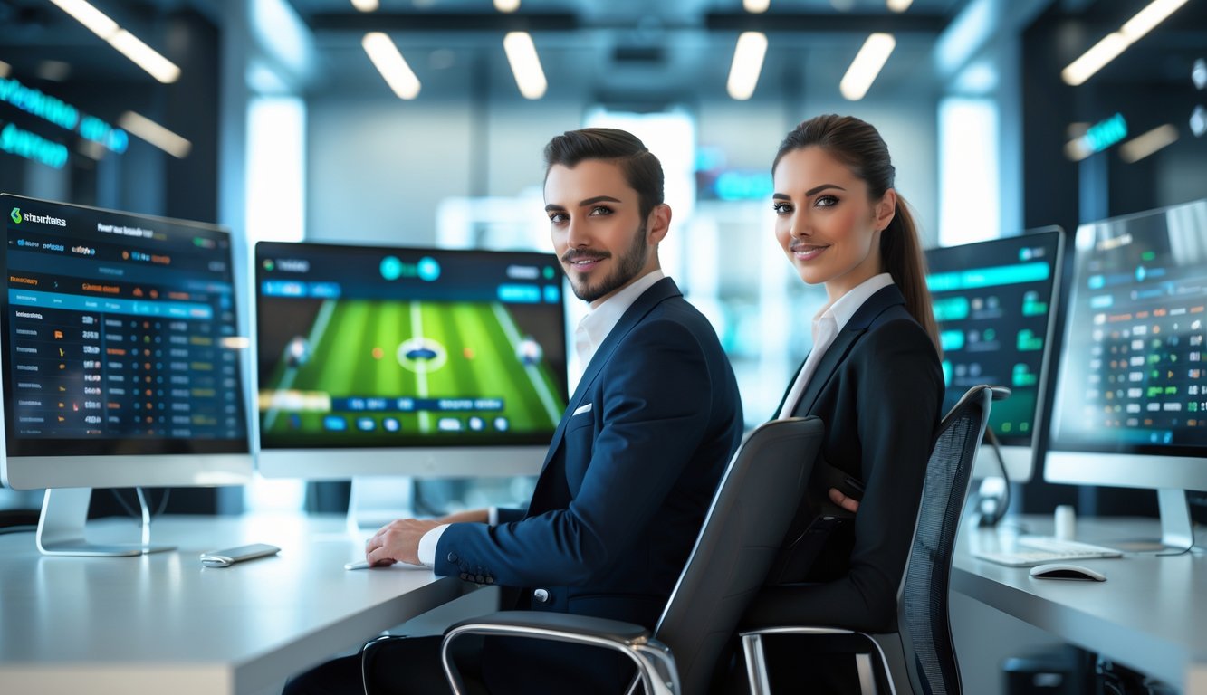 Dua orang profesional duduk di depan komputer yang menampilkan pertandingan sepak bola dan data taruhan dalam kantor modern.