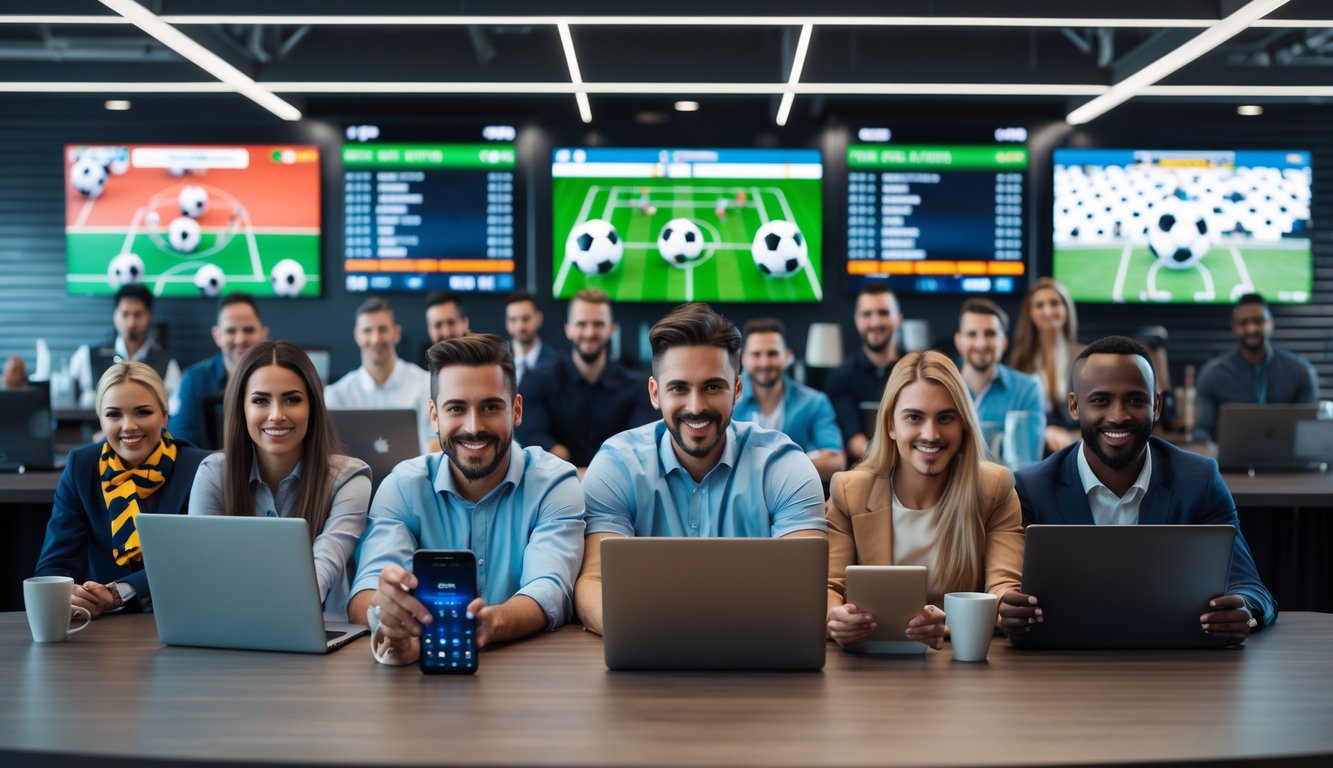 Orang-orang yang antusias menggunakan perangkat elektronik untuk memasang taruhan sepak bola di ruangan modern dengan layar besar menampilkan pertandingan sepak bola.