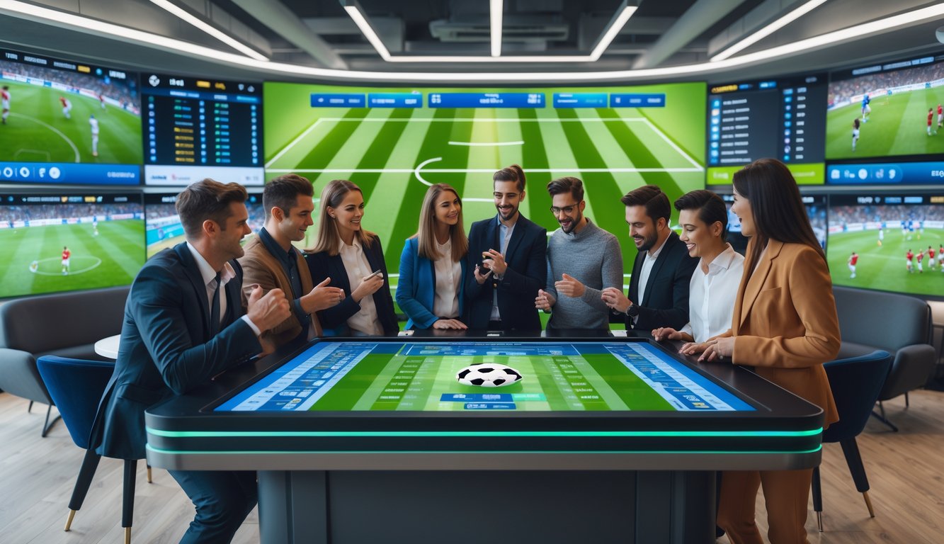 Sekelompok orang muda berkumpul di sekitar meja digital besar yang menampilkan statistik dan opsi taruhan sepak bola secara langsung dalam ruangan modern dan terang.