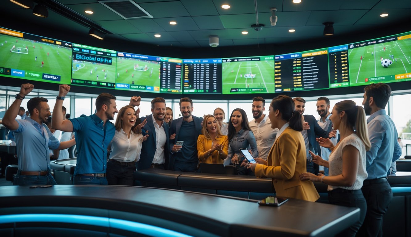 Sekelompok orang sedang menonton pertandingan sepak bola di layar besar sambil memasang taruhan di perangkat mereka dalam suasana ruang taruhan yang modern dan ramai.