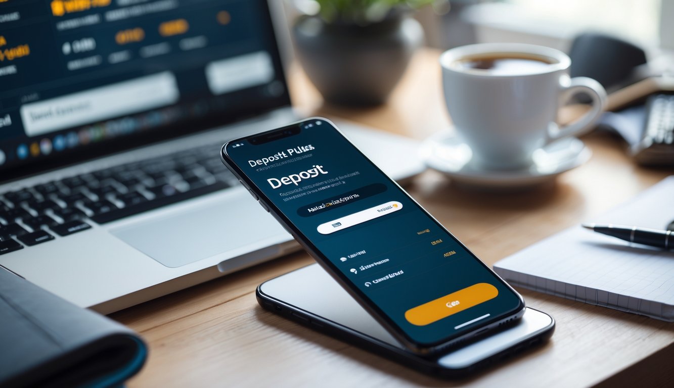 Seorang pengguna sedang melakukan deposit pulsa untuk judi bola online menggunakan ponsel di meja kerja modern.