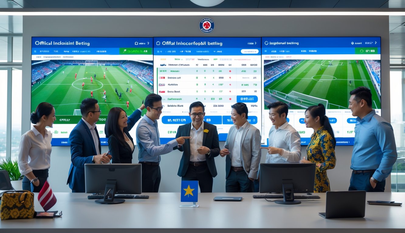 Sekelompok orang sedang berdiskusi di depan layar digital yang menampilkan statistik dan skor pertandingan sepak bola di sebuah kantor modern.
