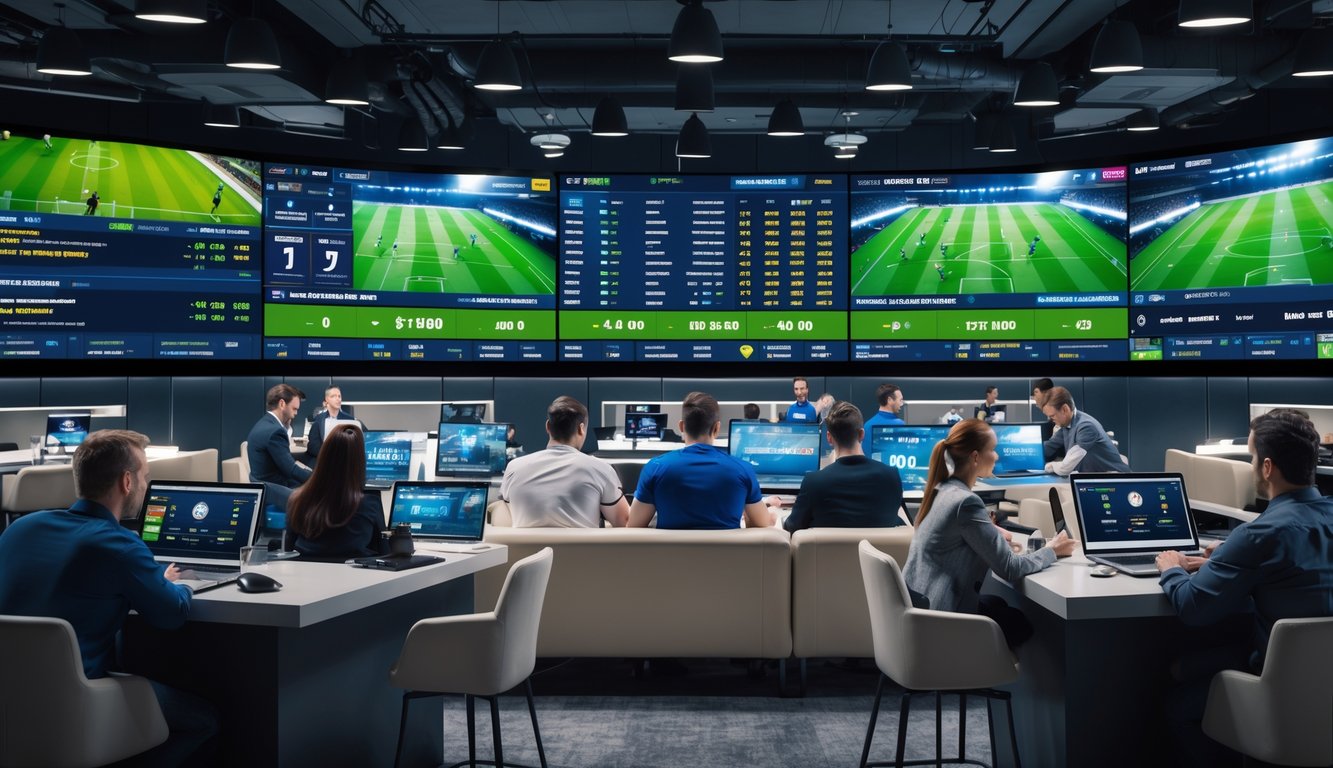 Sejumlah orang sedang menggunakan perangkat digital untuk melihat statistik dan pertandingan sepak bola di layar besar dalam ruangan modern.