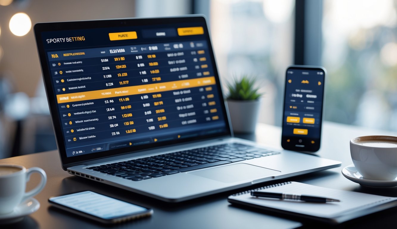 Seorang pria menggunakan laptop dan ponsel untuk memasang taruhan bola secara online di meja kerja dengan suasana fokus.