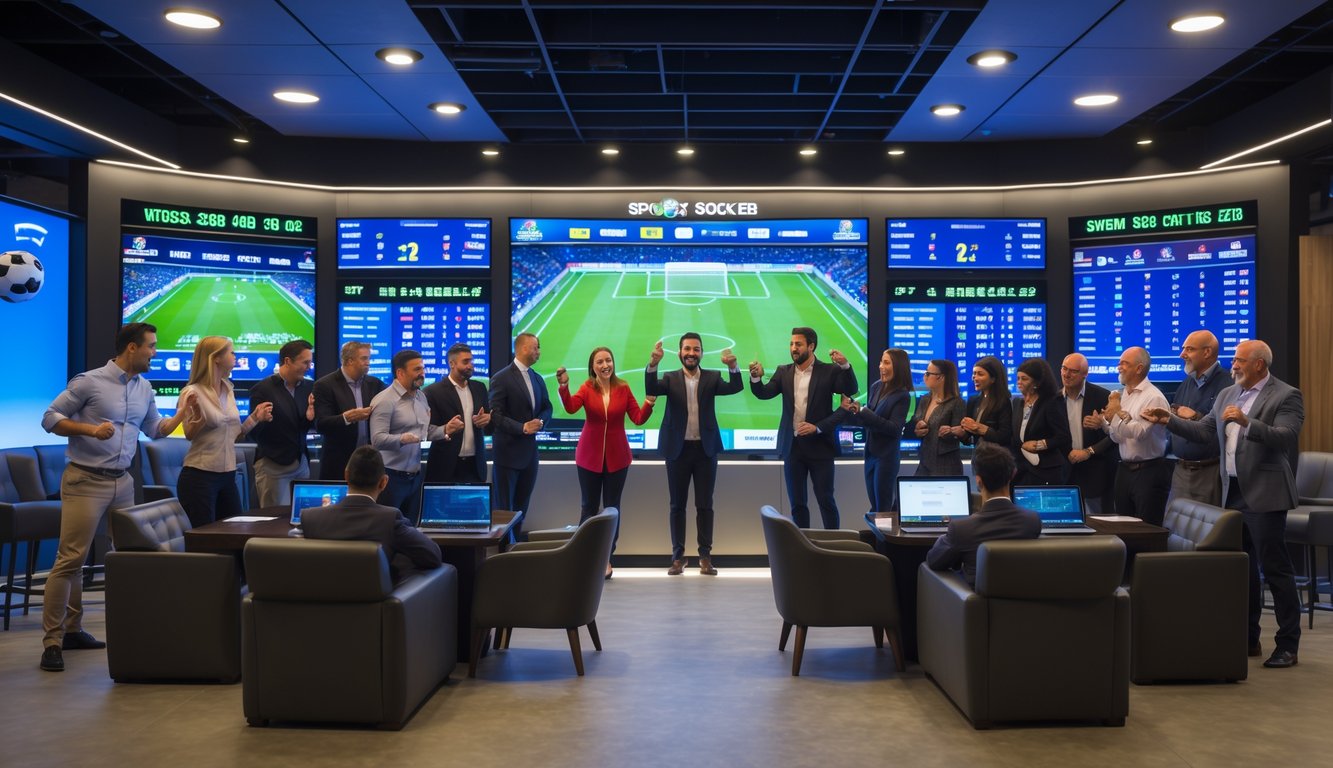 Sekelompok orang sedang berkumpul dan melihat layar besar yang menampilkan statistik dan skor pertandingan sepak bola dalam sebuah ruang olahraga modern.