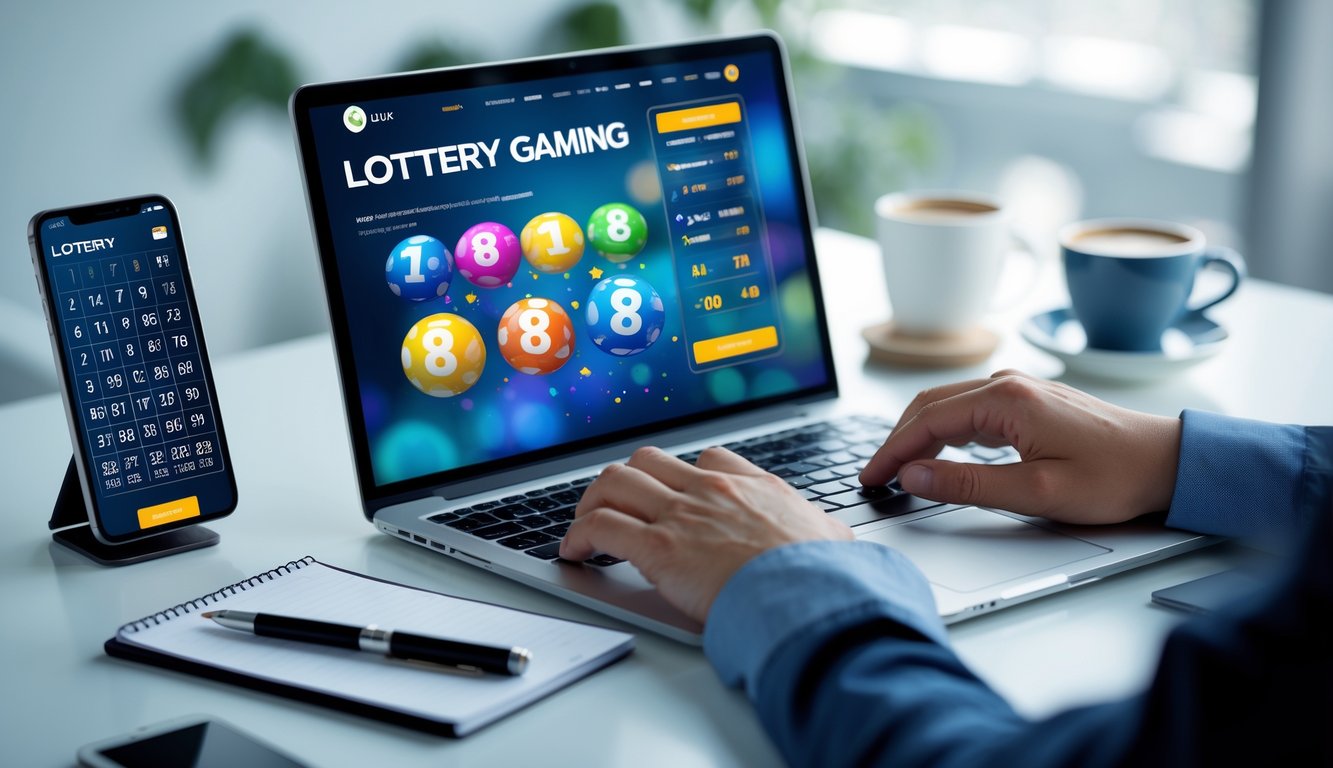 Meja kerja modern dengan laptop dan ponsel yang menampilkan antarmuka permainan togel online, dengan tangan seseorang sedang menggunakan laptop.