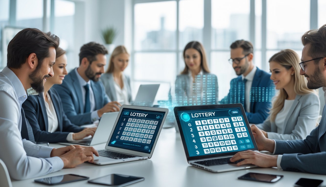 Beberapa orang menggunakan perangkat digital di ruang kantor modern yang terang untuk bermain togel online.