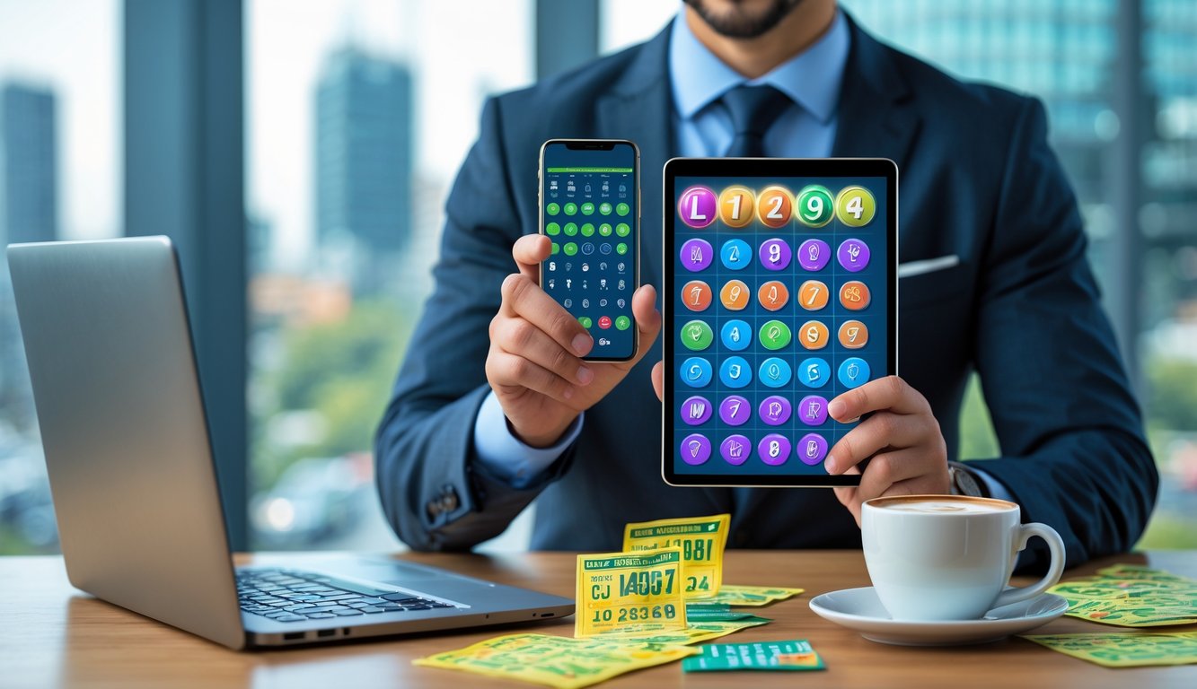 Seorang pebisnis tersenyum memegang ponsel dengan aplikasi togel, di meja terdapat tiket togel dan laptop dengan grafik, latar belakang pemandangan kota.