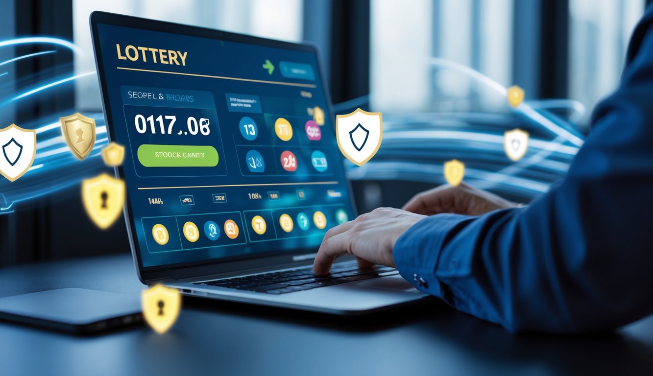 Seseorang menggunakan laptop di meja kerja dengan tampilan antarmuka lotere digital yang aman dan cepat.
