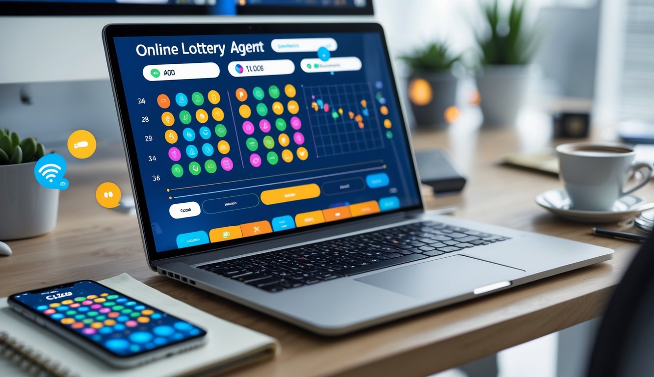 Meja kerja dengan laptop dan ponsel yang menampilkan antarmuka lotere online, bersama dengan cangkir kopi dan buku catatan di lingkungan kantor yang terang dan modern.