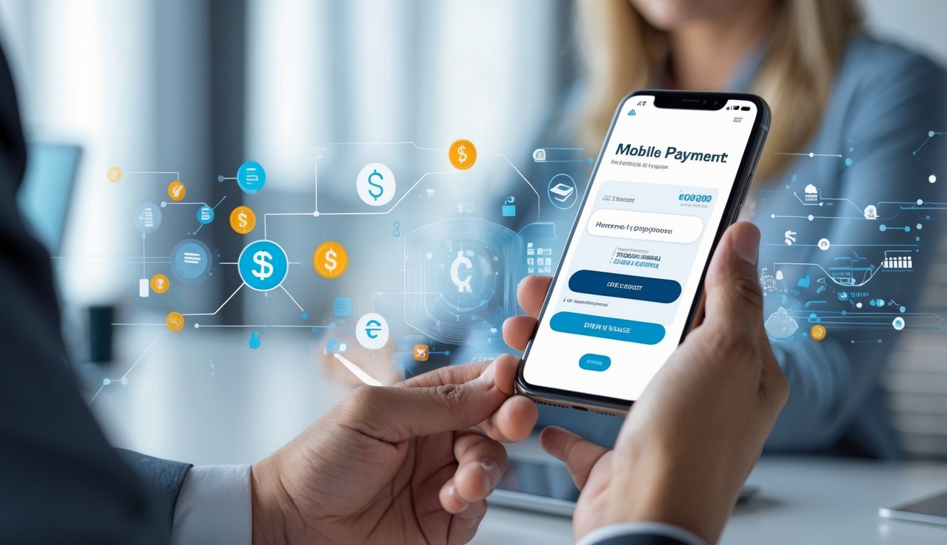 Tangan seseorang memegang ponsel dengan tampilan antarmuka pembayaran digital, menunjukkan transaksi deposit pulsa tanpa potongan.