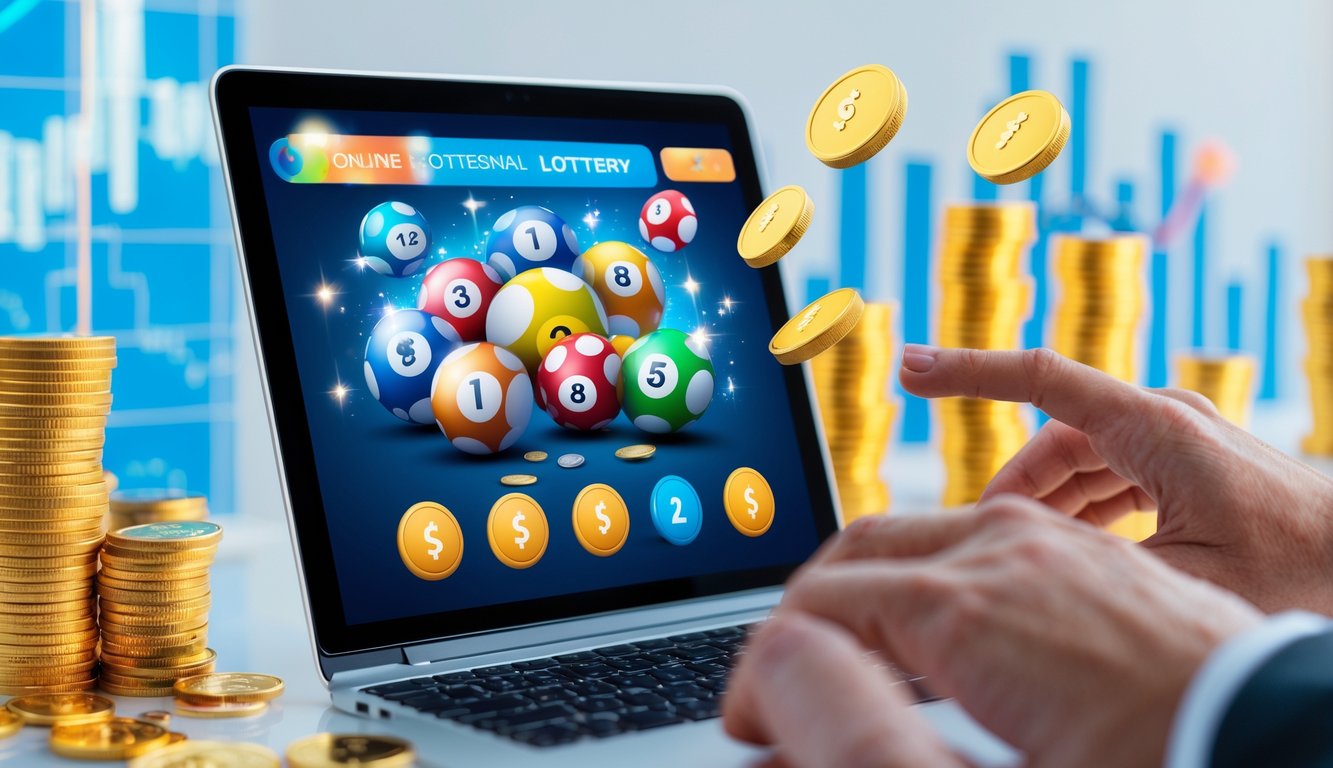 Seseorang menggunakan perangkat digital untuk bermain lotre online dengan bola lotre, koin emas, dan tumpukan uang sebagai simbol hadiah besar.