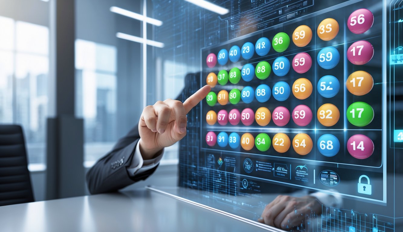 Seorang profesional di kantor modern menggunakan layar digital dengan angka dan grafik togel 4D, menampilkan suasana yang terpercaya dan aman.