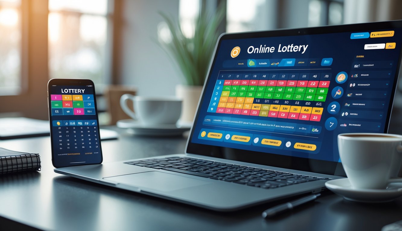 Meja kerja modern dengan laptop dan ponsel yang menampilkan permainan togel online, dikelilingi oleh alat tulis dan secangkir kopi.