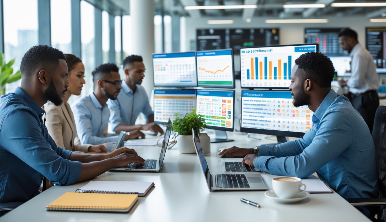 Sekelompok orang bekerja bersama di kantor dengan layar komputer menampilkan data dan grafik togel.