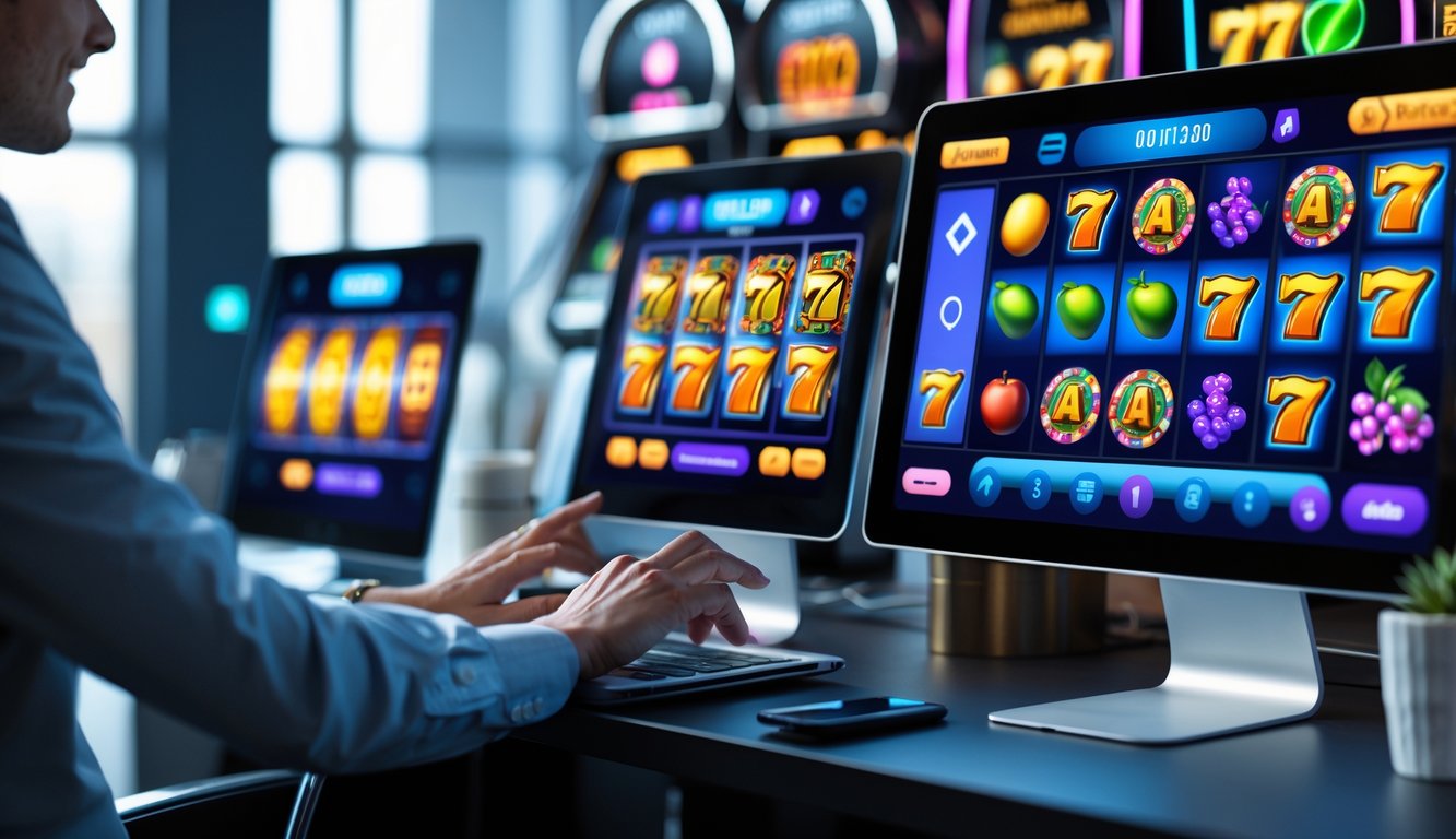 Orang menggunakan laptop dengan layar menampilkan permainan slot online berwarna-warni di meja kerja yang rapi dan modern.