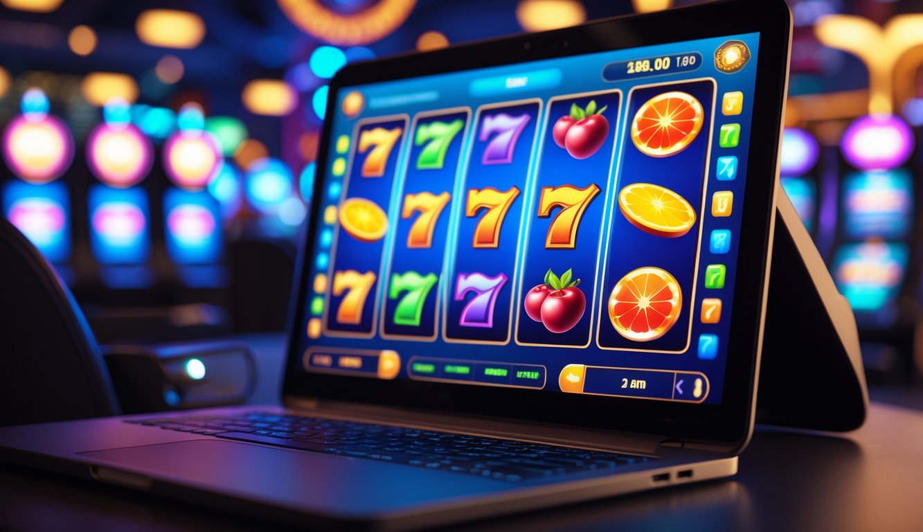 Layar komputer menampilkan permainan slot online dengan latar belakang suasana kasino yang modern dan pencahayaan redup.