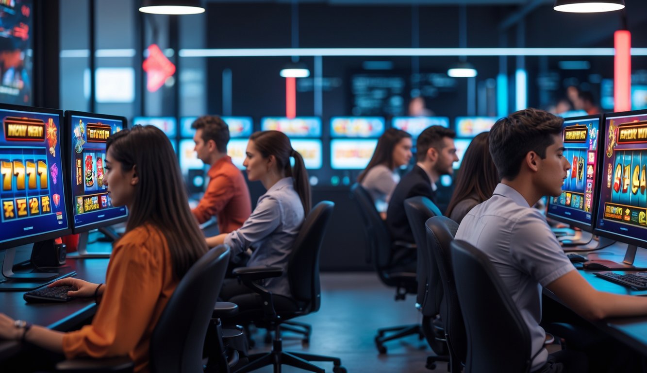 Sekelompok orang muda menggunakan komputer dengan layar menampilkan permainan slot warna-warni di kantor modern.