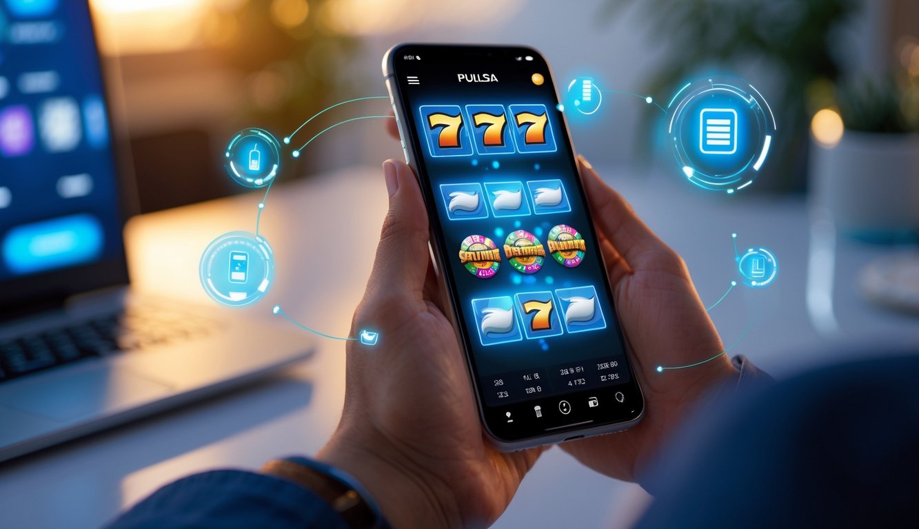 Tangan seseorang memegang ponsel dengan tampilan permainan slot digital dan ikon pembayaran pulsa di latar belakang yang samar.