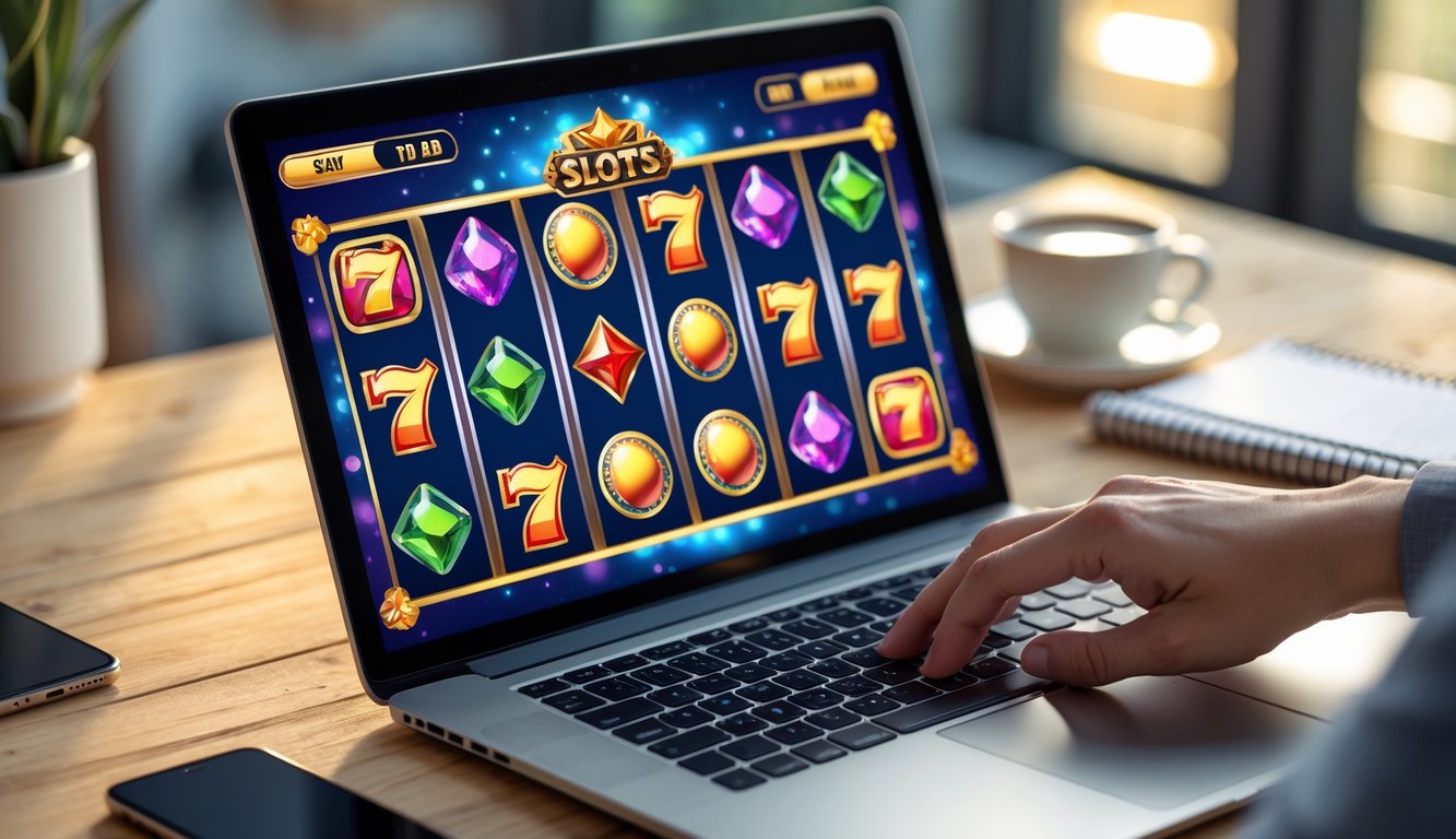 Seorang pengguna berinteraksi dengan laptop yang menampilkan permainan slot online dengan simbol warna-warni di layar, di atas meja kayu dengan cangkir kopi dan ponsel di sekitar.