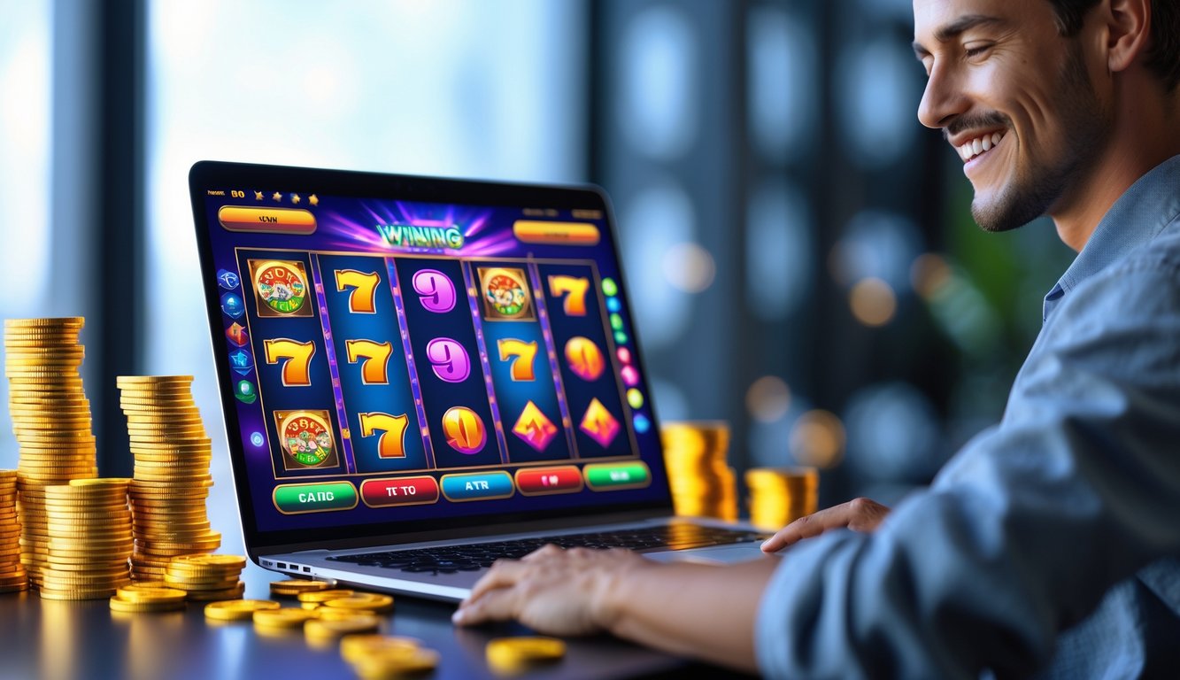 Seorang pemain yang tersenyum sedang menggunakan komputer dengan permainan slot online yang berwarna-warni di layar.