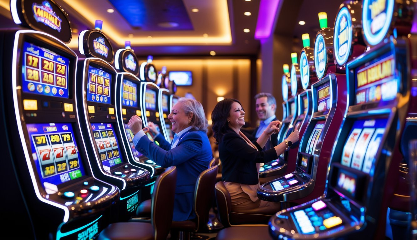 Suasana kasino modern dengan deretan mesin slot berwarna-warni dan beberapa orang dewasa sedang bermain dan merayakan kemenangan kecil.
