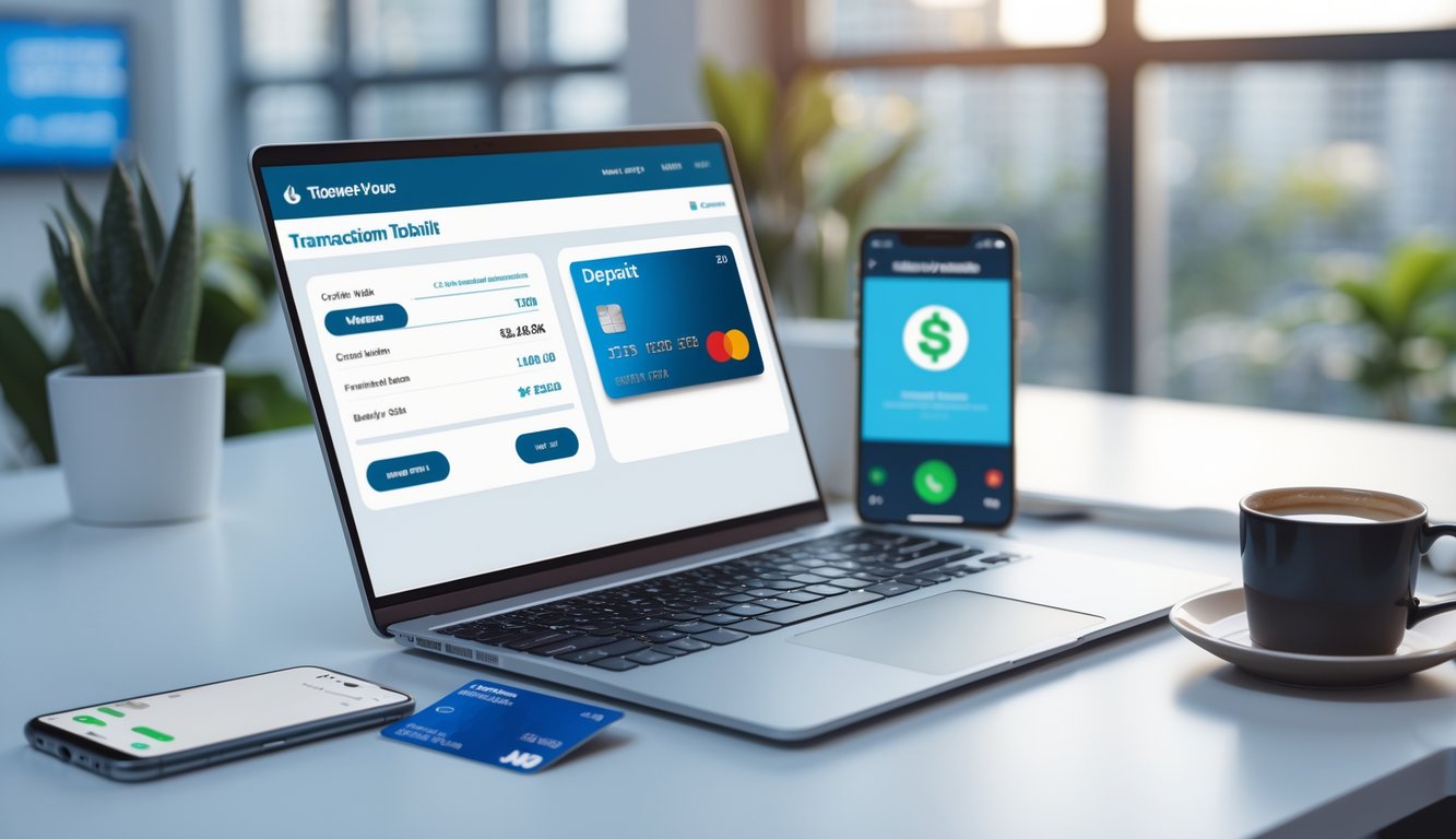 Meja kerja modern dengan laptop menampilkan aplikasi dompet digital, ponsel dengan aplikasi perbankan, dan kartu kredit di atas meja.